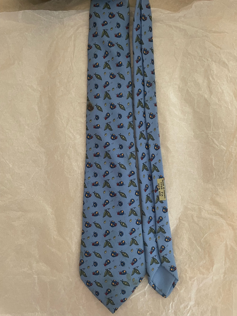 Hermes Light Blue Silk Tie with Green and Red Motif